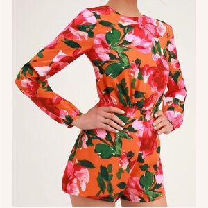 Sweetest Song Orange Floral Print Backless Long Sleeve Romper